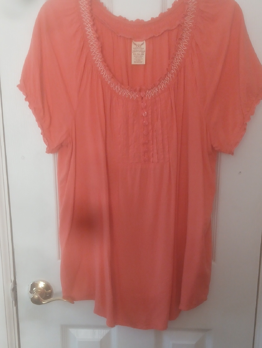 Faded Glory Coral Short-Sleeve Peasant Tunic